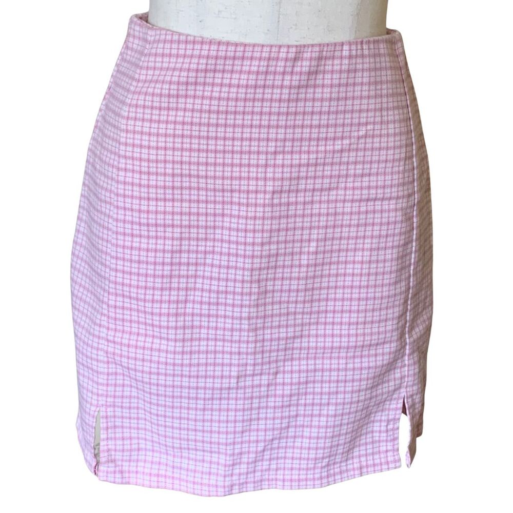 Brandy Melville Pink Gingham Plaid Mini Skirt Side Slit Y2K Preppy